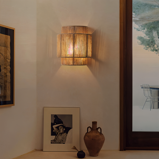 SolRope – Boho-wandlamp met henneptouw en rotan kap
